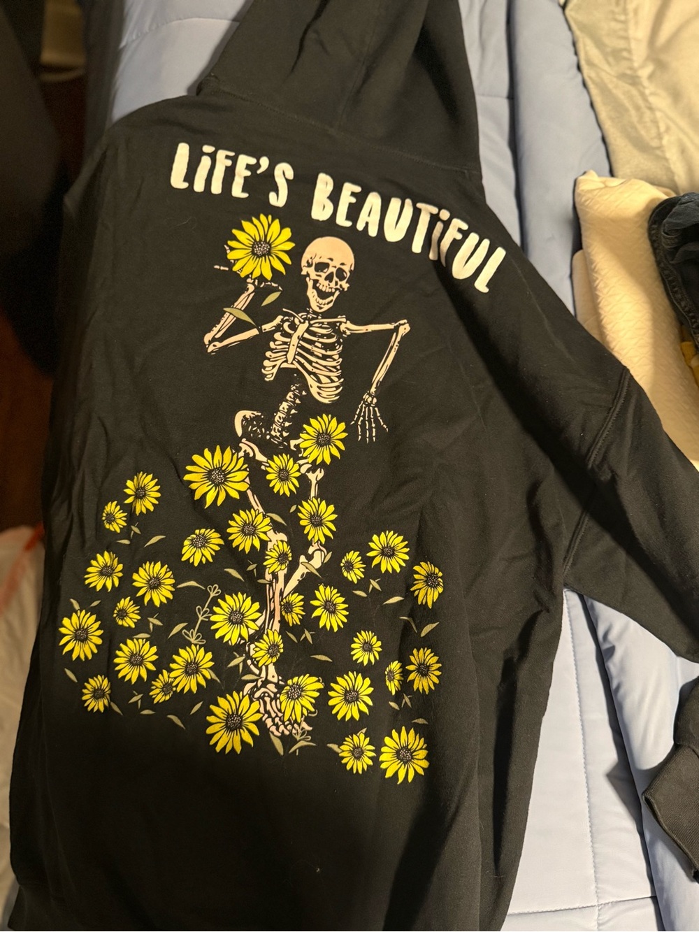 T.J.Maxx Black Hoodie Sweater with Yellow Floral Skeleton Graphic